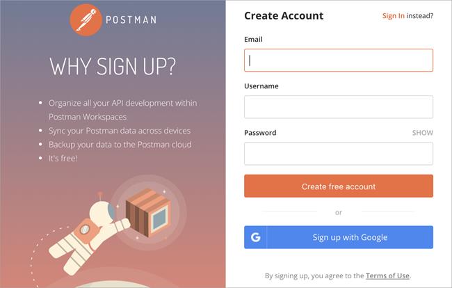 The Postman account creation screen.