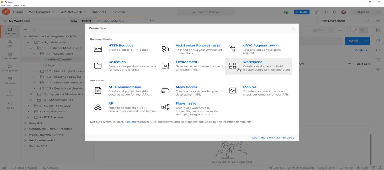 The Create New dialog, with Workspace listed under the building blocks.