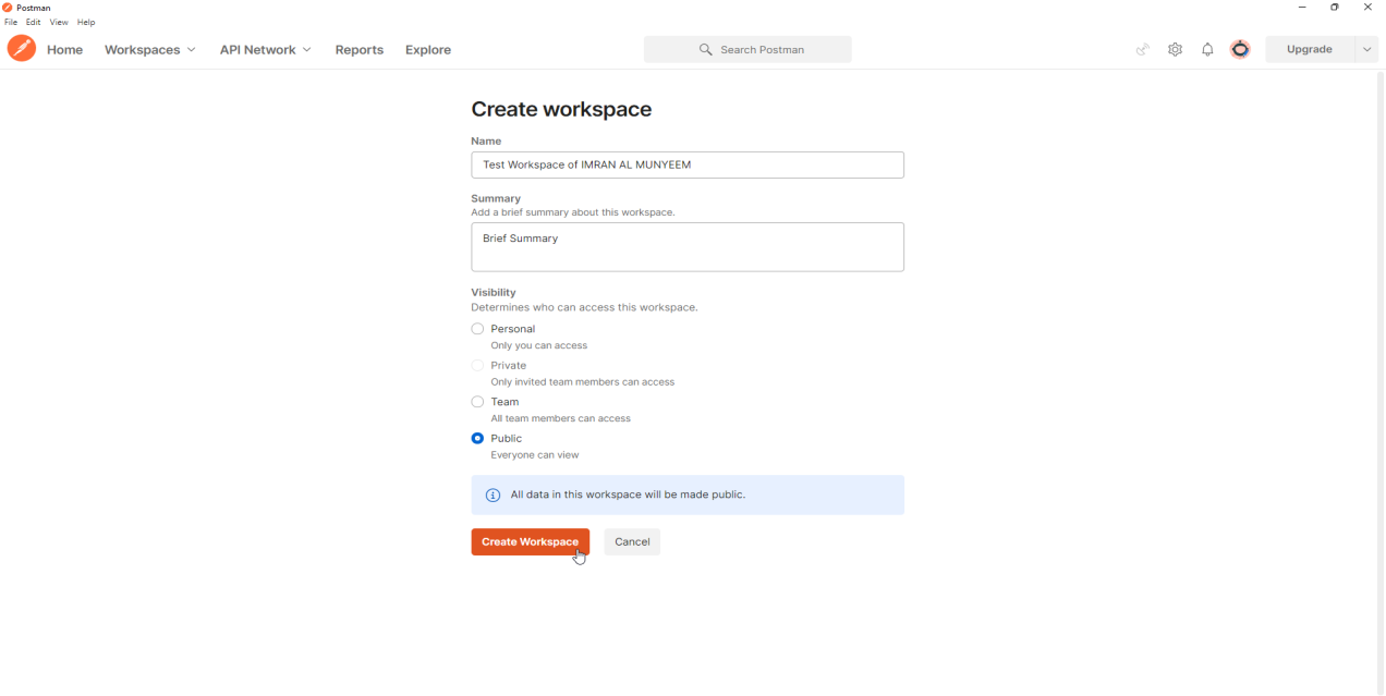 Naming the workspace, adding a summary, and choosing its visibility.