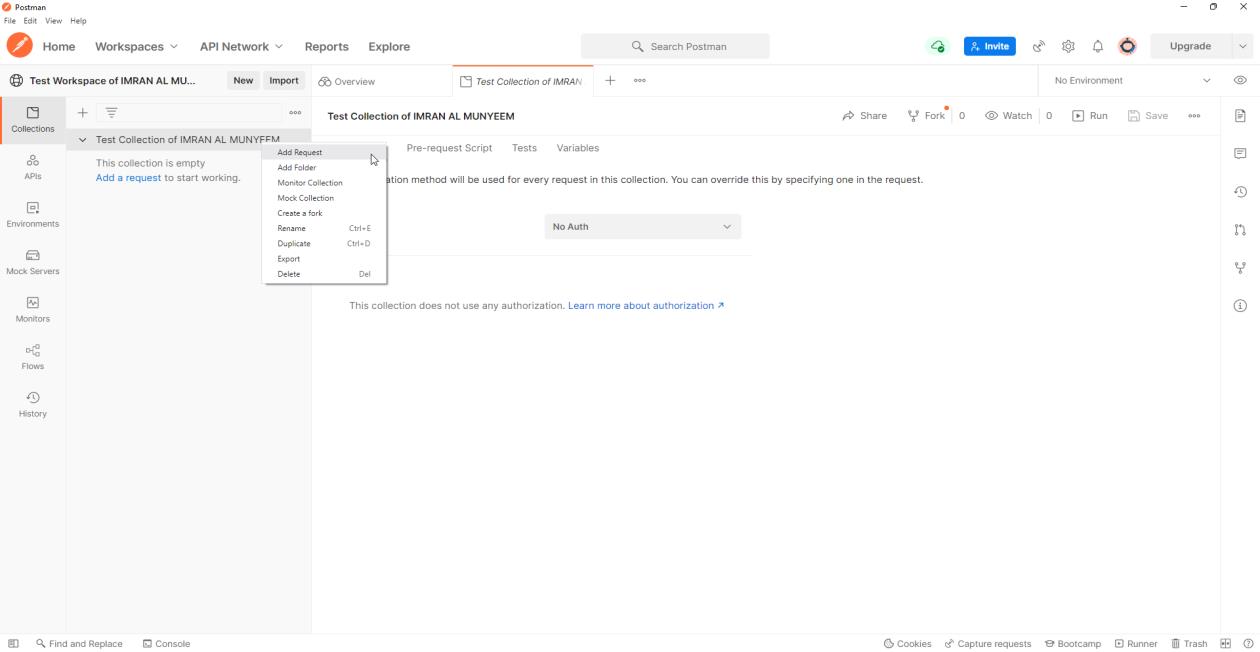 Adding a request to the collection via the right-click menu.