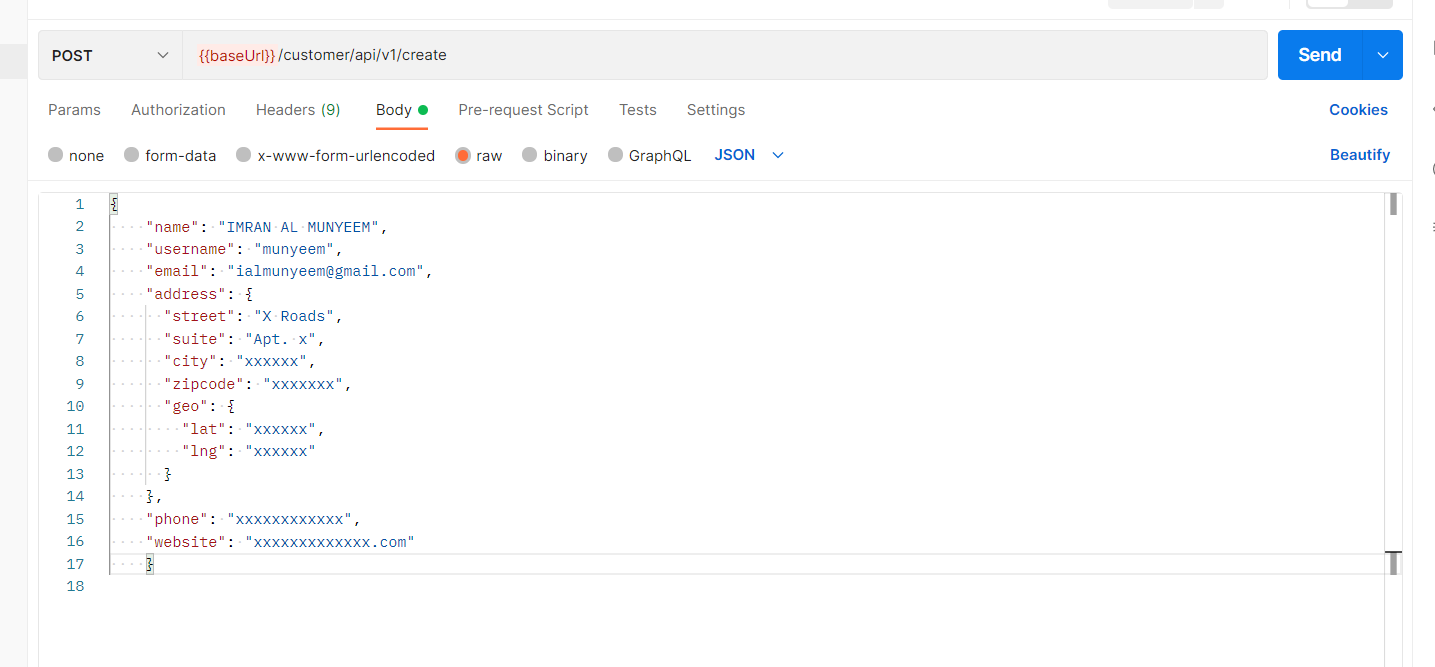 A POST request with a raw JSON body.