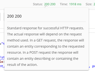 Hovering over the status code shows an explanation of the response.