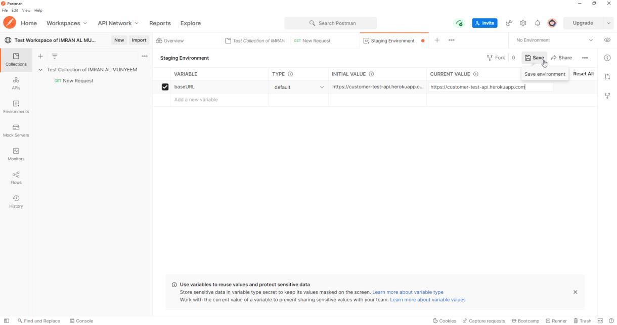 The request URL now references the environment variable.
