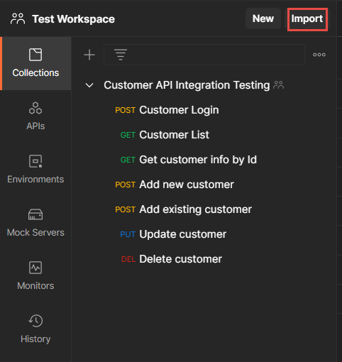 The Import button at the top of the workspace sidebar.