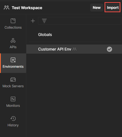 The Environments tab with the Import button.