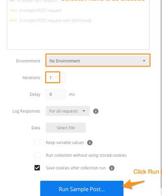 Configuring the runner: environment, iterations, delay, and data file.