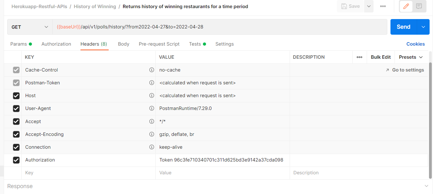 An Authorization header carrying a token value.