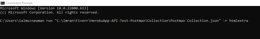 Running an exported collection with the htmlextra reporter.