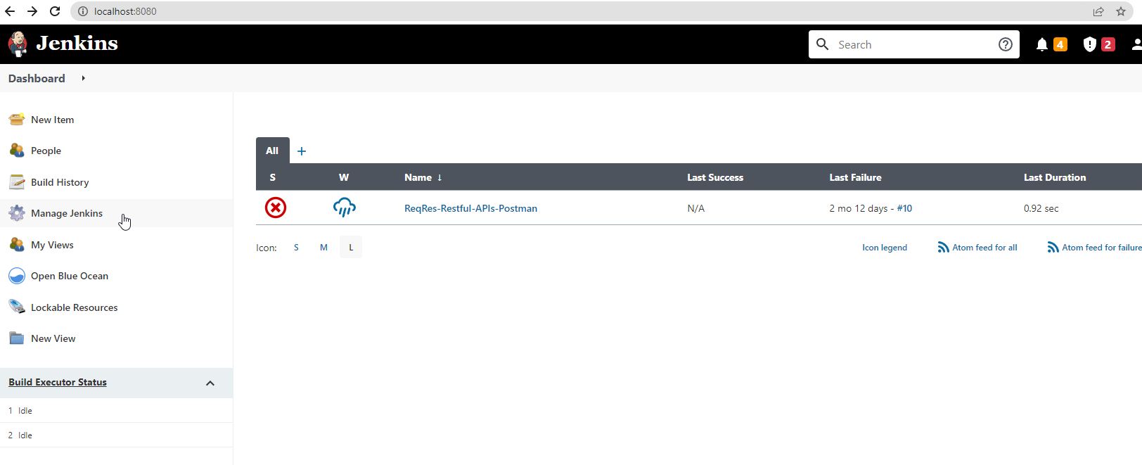 The Jenkins dashboard with Manage Jenkins in the sidebar.