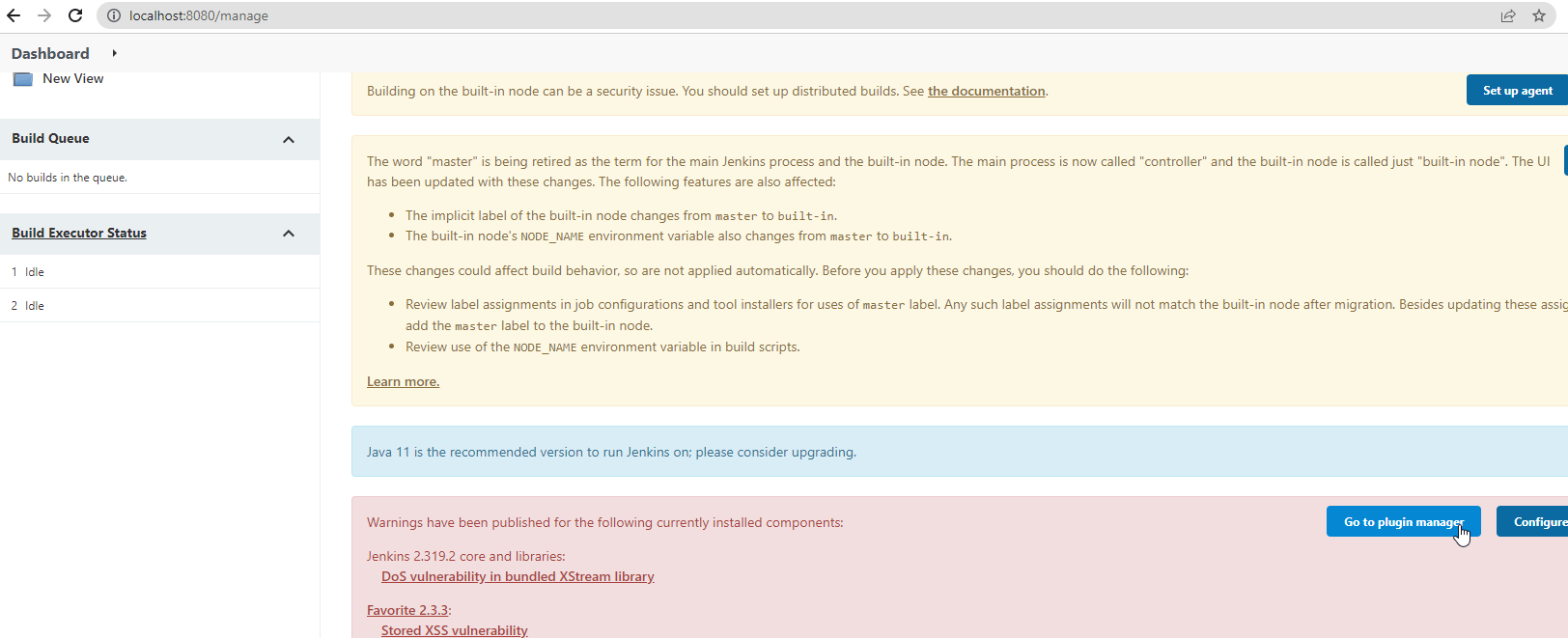 Manage Jenkins, with links to the Plugin Manager.