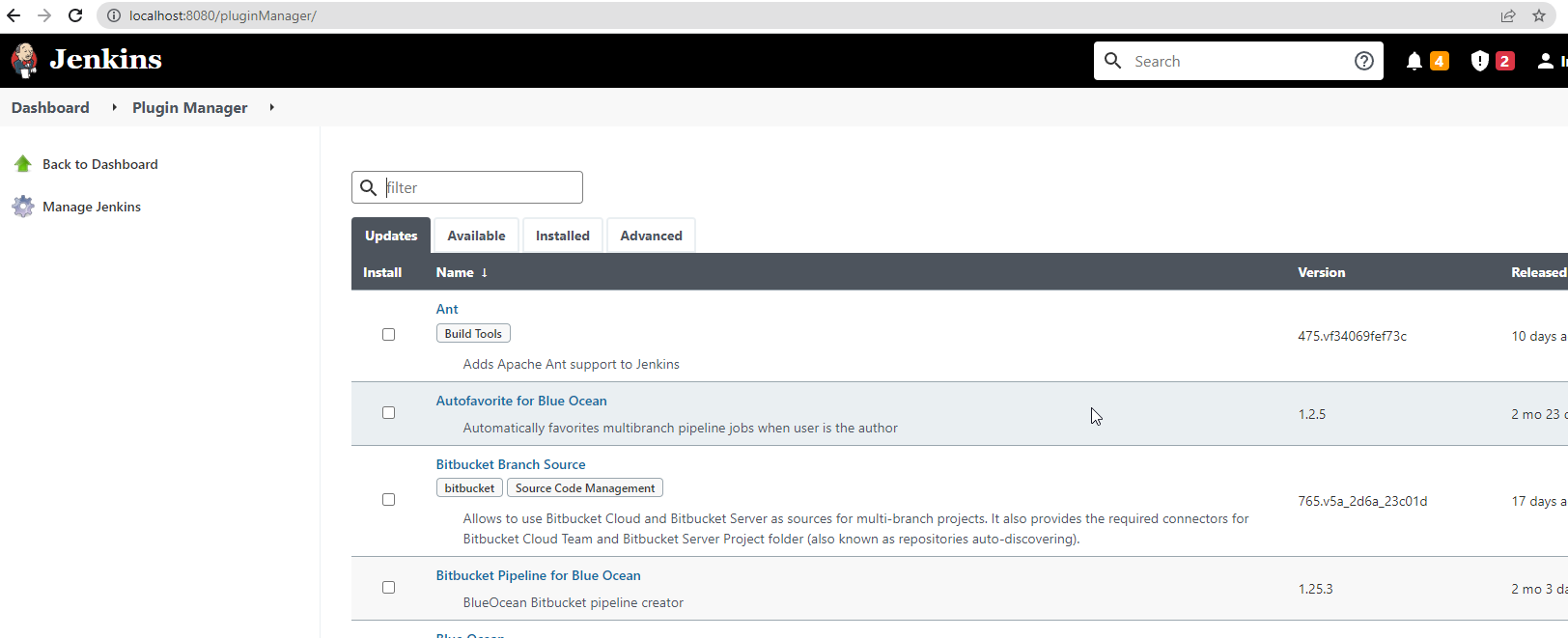 The Plugin Manager's available plugins.