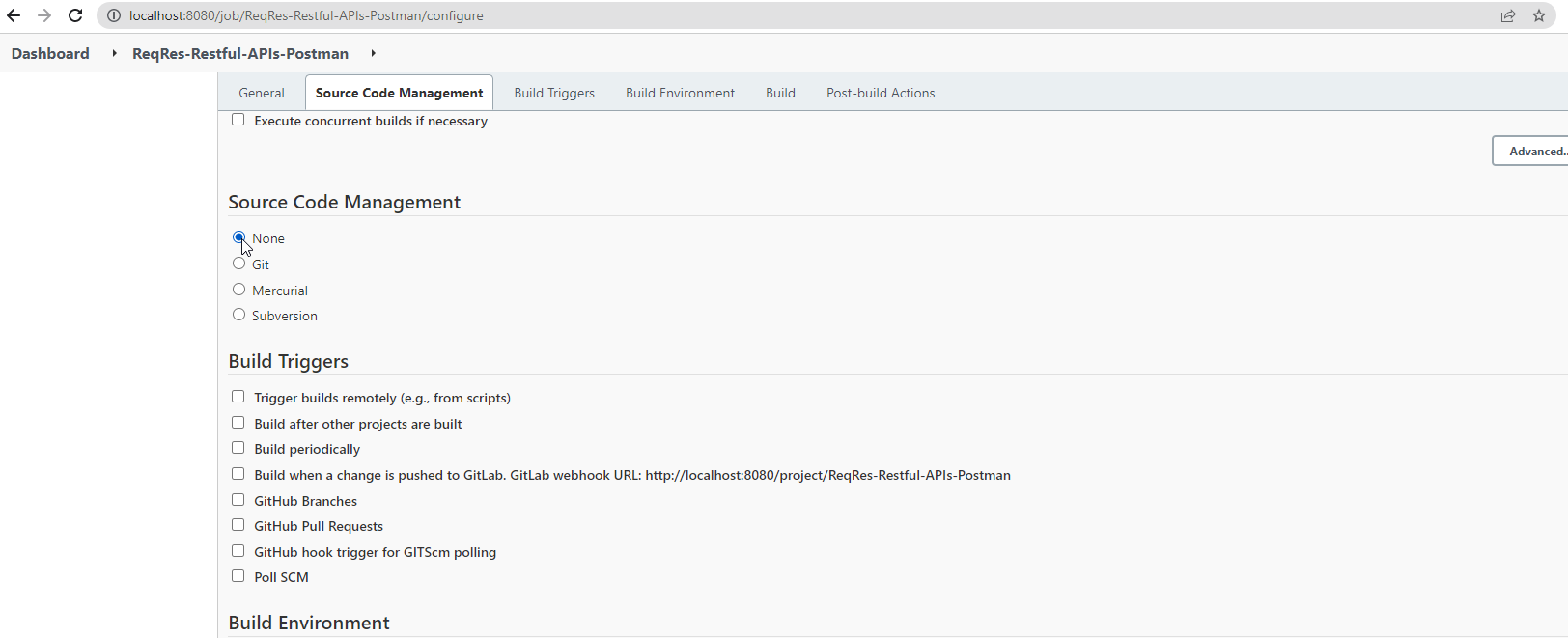 Source Code Management set to None for a local run.