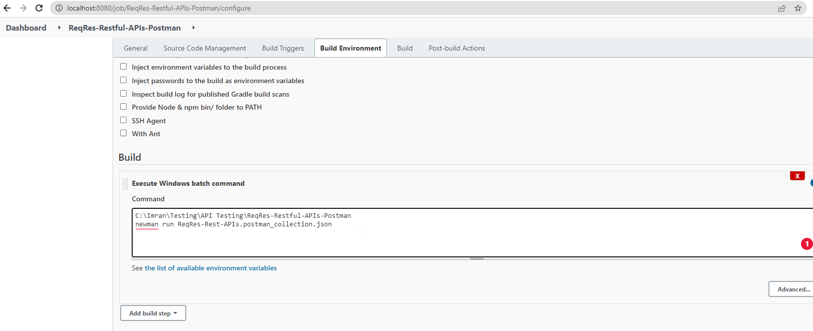 The batch command pointing at the local collection file.