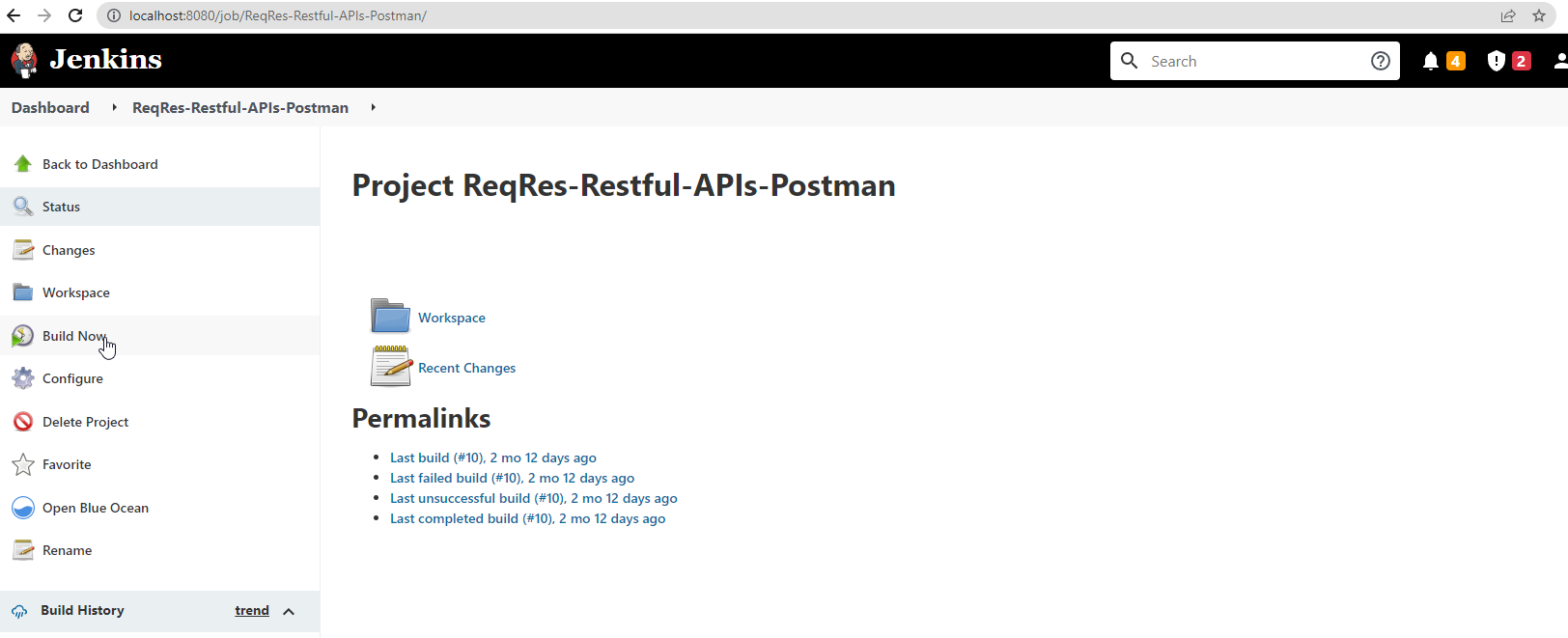 Build Now in the project sidebar.