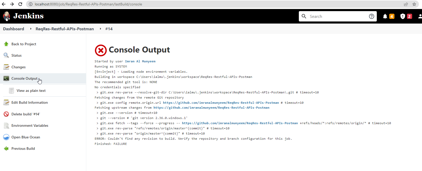 The console output of the build.