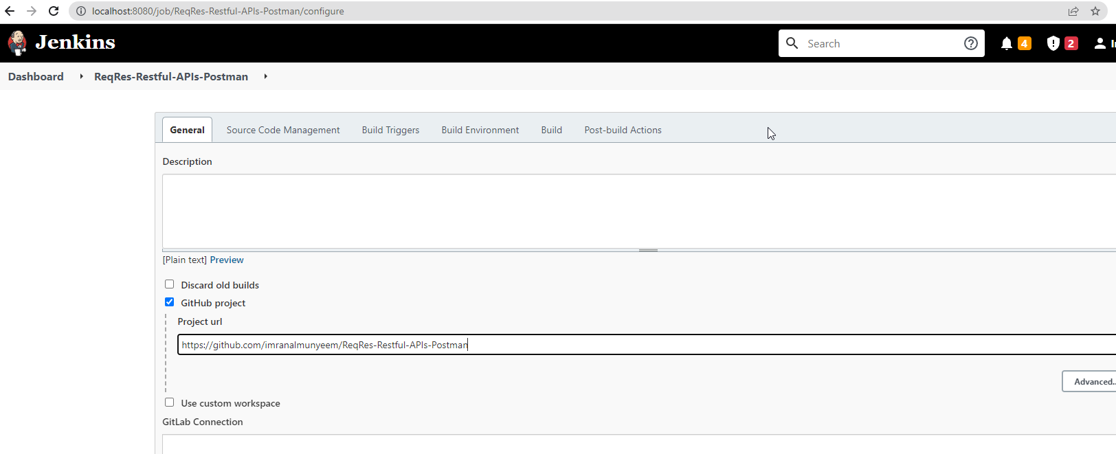 Adding the GitHub project URL under General.