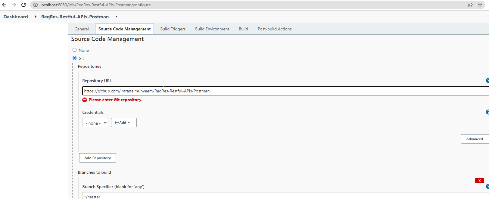 Configuring the Git repository under Source Code Management.